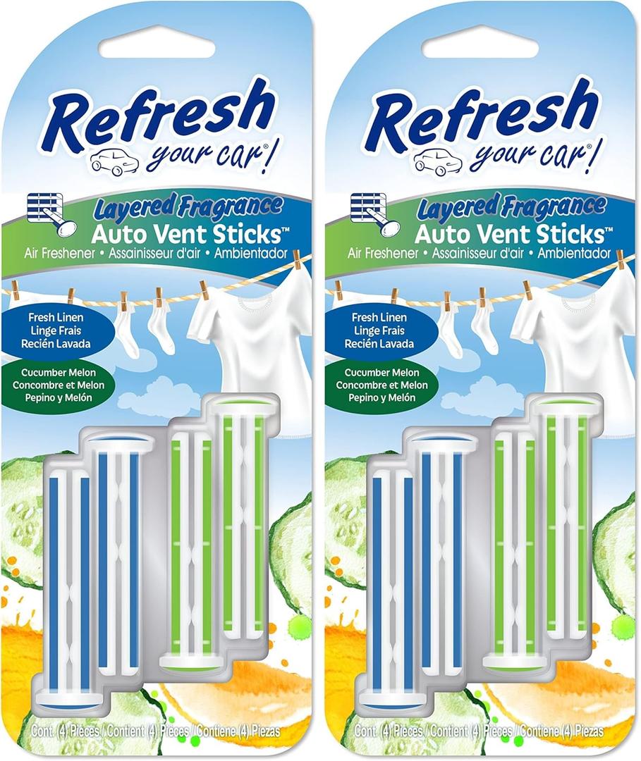 Refresh Your Car! E300888200 Dual Vent Sticks, Cucumber Melon and Fresh Linen, 4 Per Pack (Pack of 2)