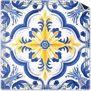 Blue Chinoiserie Flower Mahjong Mat 31.5 x 31.5 Inch, Vintage Blue and Yellow Azulejo Non-Slip Noise Reduction Mahjong Table Mat for American Mah Jong Poker Card Board Games Dominoes, 31.5 x 31.5 x 0.1 inches