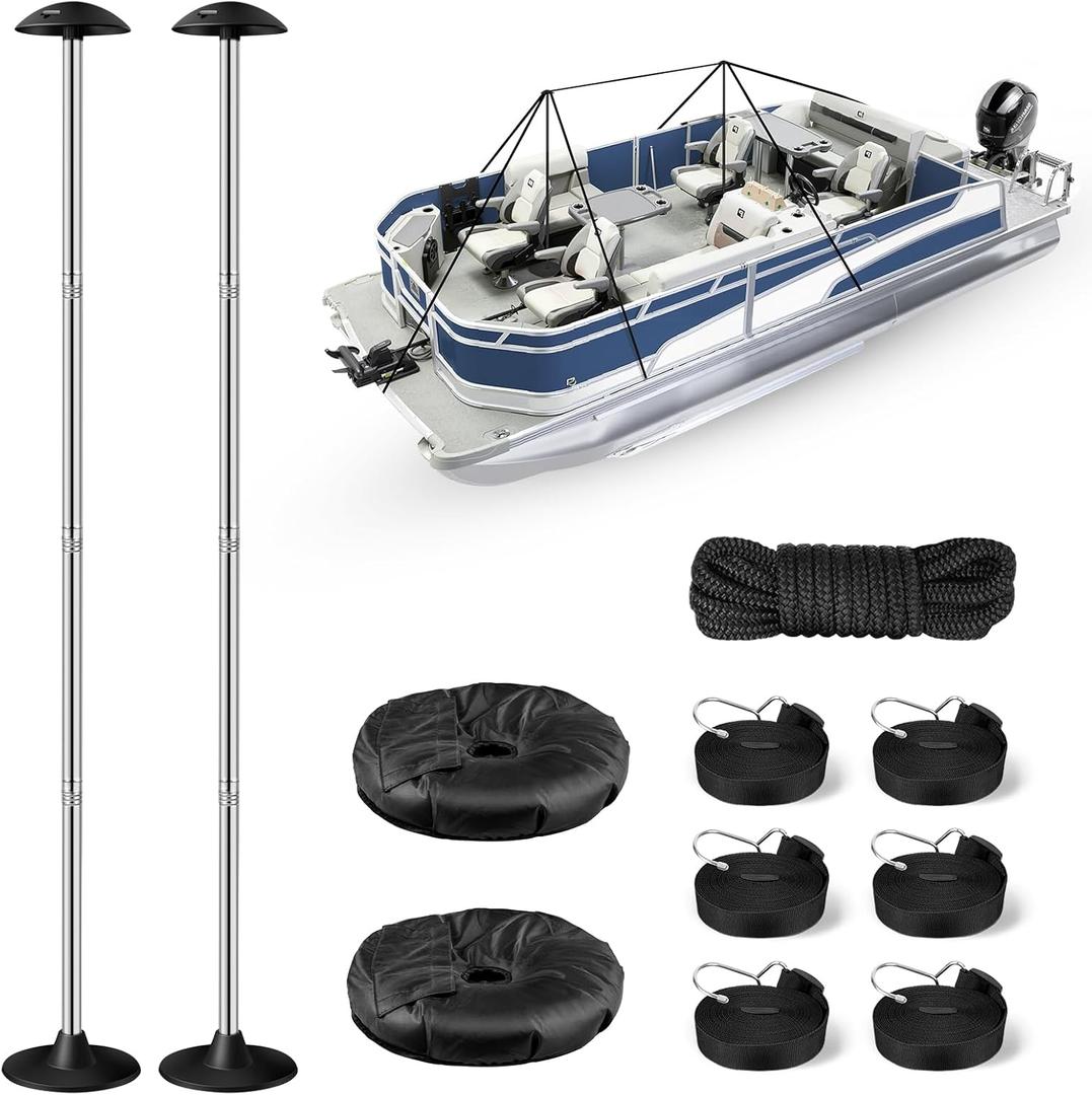 Pontoon Cover Support Poles with Ring Sandbag Much More Stable,Adjustable Boat Cover Support System Won't Retract for Pontoon,Jon,Bass,V-Hull Boat with Heavy Duty Straps,Stainless Steel