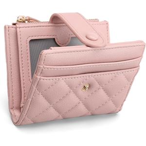 GAEKEAO Small Wallet for Women Slim Bifold Leather RFID Blocking Credit Card Holder Wallets Zipper Pocket Coin Purse with ID Window (Light Pink)