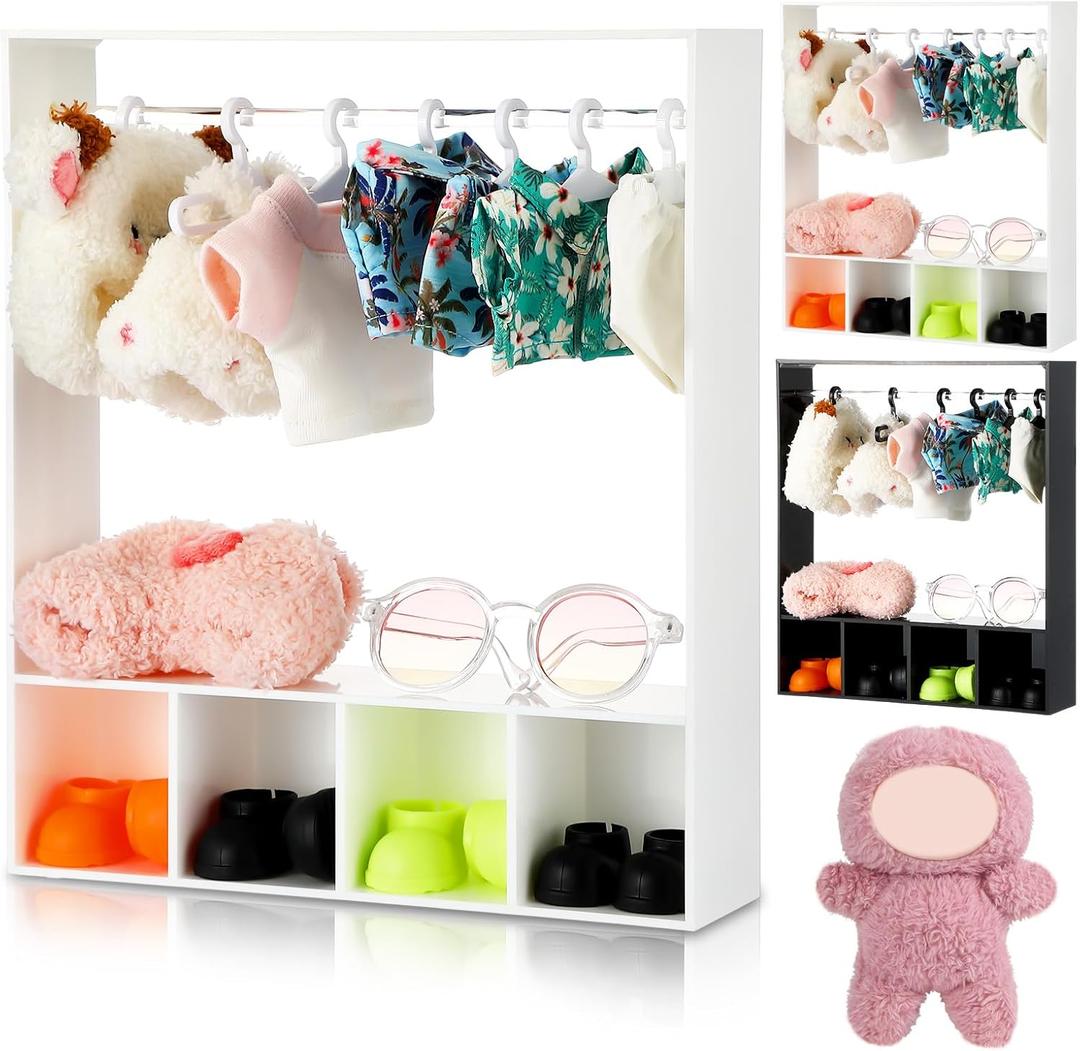17cm Doll Clothes Closet with 13 Hangers Clothes Storage for Figures Wardrobe Furniture Accessories 17cm Doll Accessories Display Box Portable Storage for Dollhouse(White)