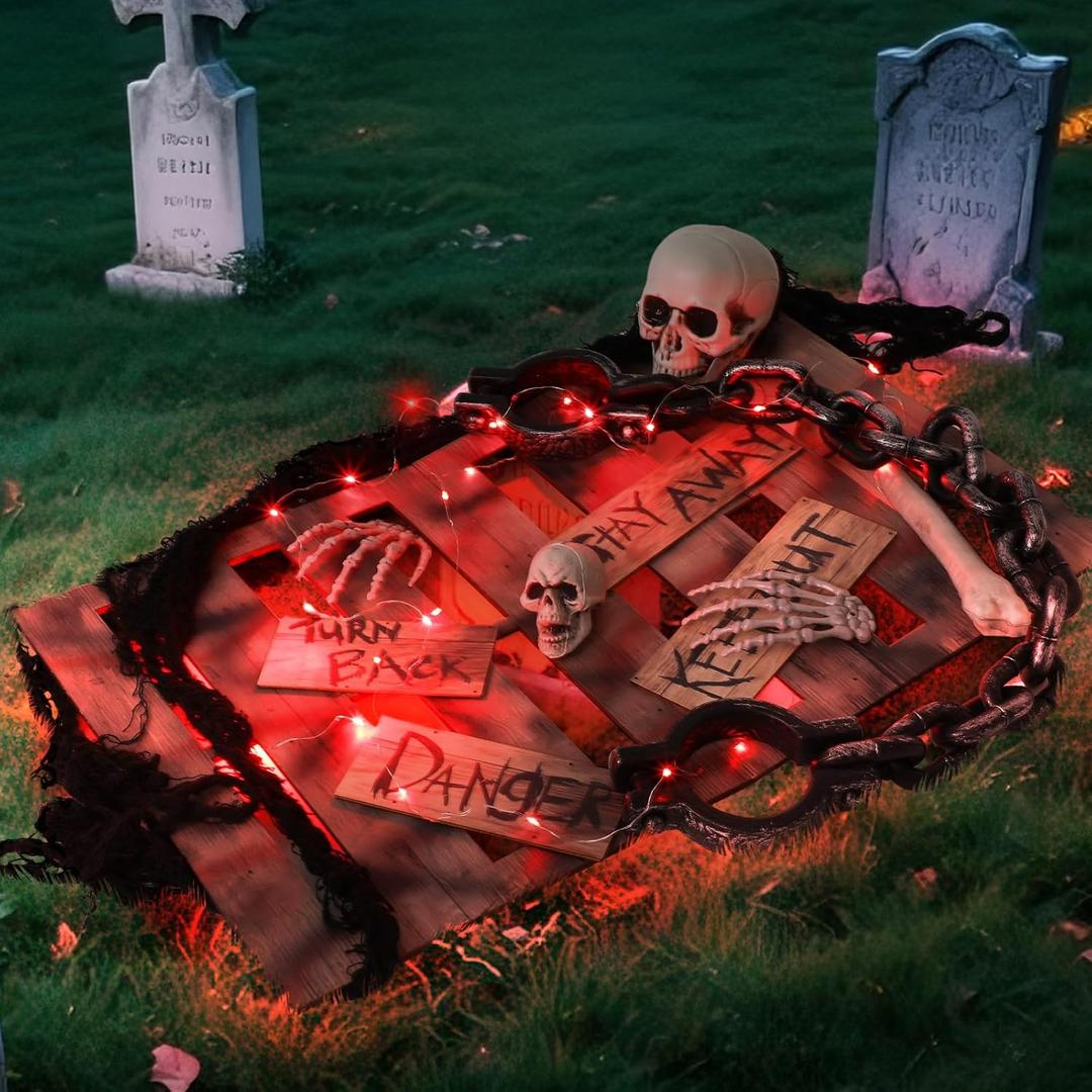 Halloween Decorations Outdoor Set Including Wooden Fence Board 2 Meters of Red String Simulated Skull Leg Bone Handcuffs Simulated Hands for Halloween Party Yard Lawn Garden Outdoor