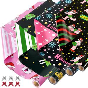 EWES Funny Christmas Wrapping Paper 4 Rolls Set,Black Pink Thick Unique Fun Kids Heavy Duty Premium Jumbo Gift Wrap Sheets,Cute Cartoon with Santa Claus,Reversible,Total 55.54sq.ft