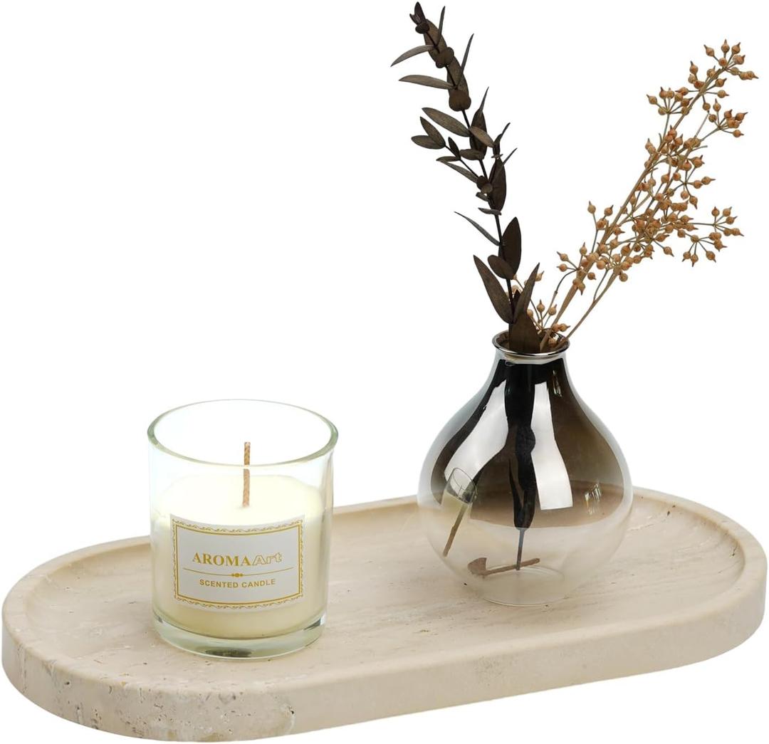 Koville Italian Natural Travertine Tray, 12"x6" Vanity Decorative Marble Tray for Countertop Organizer, Catchall Tray for Perfume, Candles, Jewelry Dish Tray (Light Beige Travertine)