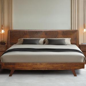 Acacia Harmony King Platform Bed Frame  Solid Rubber Wood, Walnut Finish, Mid-Century Modern Design, Natural Circular Wood Grain, 800lbs Support, No Box Spring Required, Easy Assembly