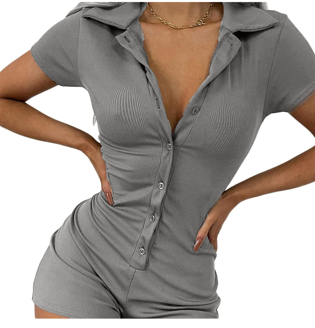 LilyCoco Women's Button Up Bodycon Romper Shorts Short Sleeve Collared Sexy One Piece, L
