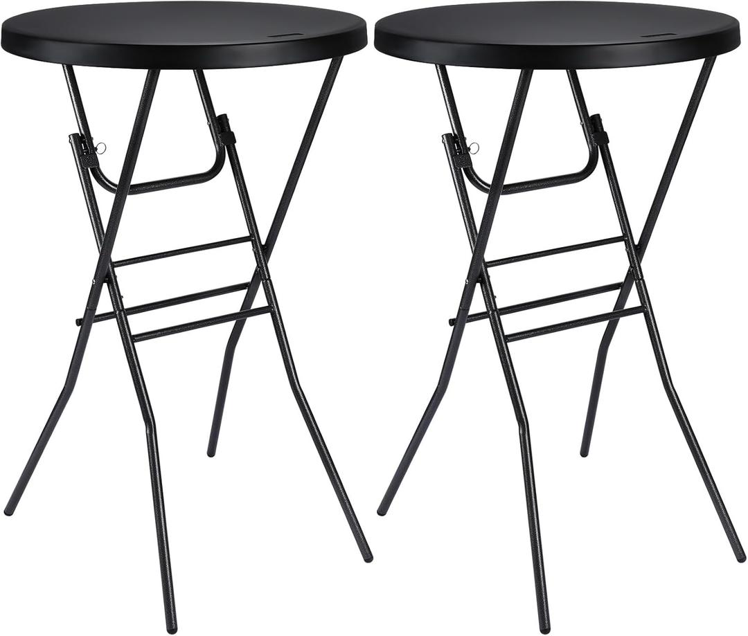 Cocktail Table 28in Folding Round High Top Indoor Outdoor with Removable Legs, Tall Bistro Foldable Bar Height Table for Parties, Patio, Backyard, Dining Room, Events, Black- 2PCS