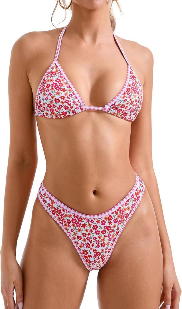 SUUKSESS Women Sexy Thong String 2 Piece Bikini Set Cheeky Halter Swimsuit (9-10, 71 Red Floral White)
