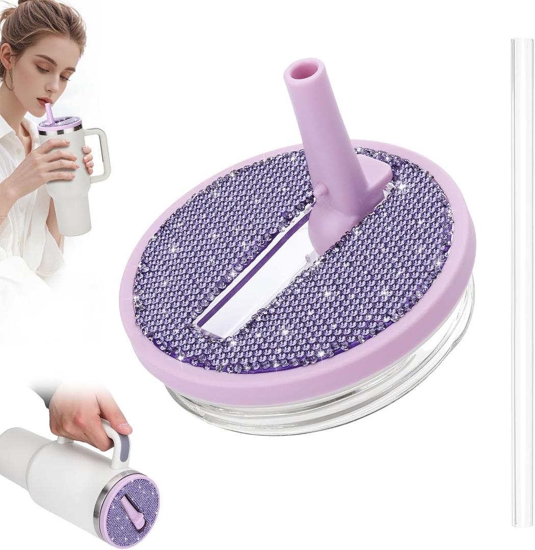 SAVORI 40 oz Tumbler Flip Straw Lid Replacement fit for Stanley Quencher H2.0, Rhinestone 40 oz Leak Proof Lid for Stanley Tumber, Non Spill Lids for Stanley Cup (Lilac-Purple Rhinestone, 40 oz)