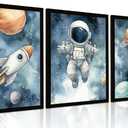 3 Pcs Astronaut Space Wall Art for Boys Room Framed 8x10 Inch Kids Outer Space Canvas Prints Rocket & Planets Galaxy Nursery Decor for Bedroom Playroom, 8W" x 10L"