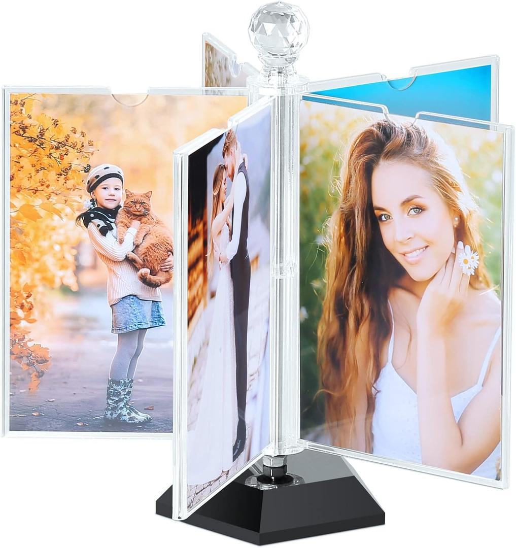 ZEEYUAN Rotating Acrylic Photo Frame DIY Multiple Picture Frame 5 Double Sides/Insert 10 Pcs of 4x6 Inch Photos,360 Rotation Windmill Picture Frame Desktop Photo Display (Transparent)