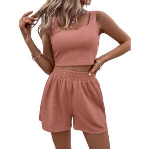 Verdusa Women's 2 Piece Summer Outfits Crop Tank Top and Shorts Going Out Clothing Sets Dusty Pink X-Small (Pink, XS)