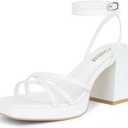 ISNOM Platform Heels for Women Comfortable Strappy Heels Short Block Chunky Sandals Ankle Strap Simple Summer Heeled Sandals Square Open Toe for Wedding Work Party Dressy Prom (8, Matte white)
