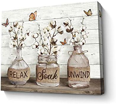 Parylore Farmhouse Bathroom Decor Wall Art Cotton Flower Picture Wall Decor Rustic Mason Jar Farmhouse Style Painting Framed Modern Artwork For Living Room Bedroom Bathroom Office Home Decor 16x20 In