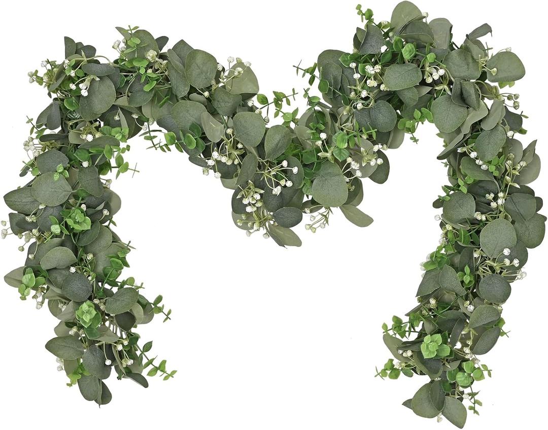 Dolicer 2 Packs 6FT Artificial Eucalyptus Garland, Faux Greenery Garland Fake Vines Hanging Silver Dollar Eucalyptus Leaves for Wedding Backdrop Arch Table Wall Party Home Decor , Grey Green With White Seed 