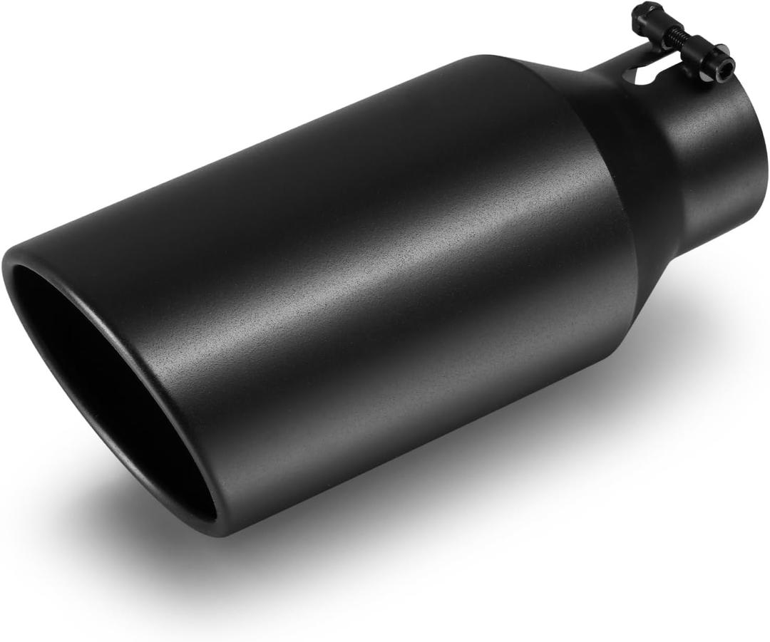 Exhaust Tip 3" Inlet, 5" Outlet 12" Overall Length, Premium Stainless Steel with Wear Resistant Black Coating, Rolled Angle Cut, Bolt-On Easy Installation, for Truck Diesel Tail Pipe