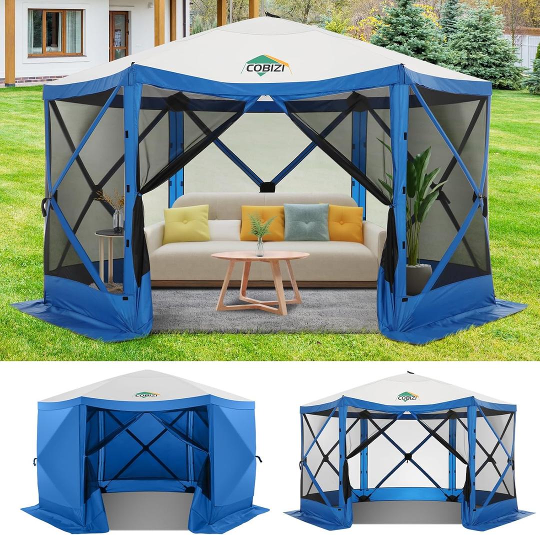 COBIZI 12x12 FT Pop Up Canopy Shelter Tent, Large Gazebos On Clearance with Sidewalls, Screened in Gazebo, Screen Tents Portable carpas para Patio for Outdoor Camping, Backyard, Garden, Beach, Blue
