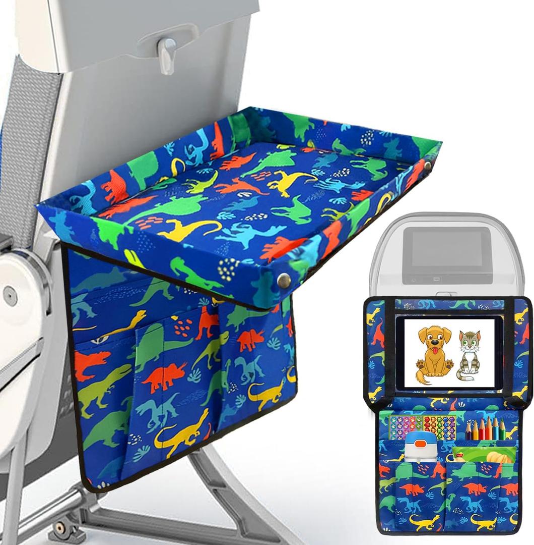Adjustable Kids Tray Table Cover with Multi Portable Pockets, Airplane Travel Essentials for Kids, Toddlers, Adults, Airplane Must Haves, Plane Travel Essential, Travel Tray for Plane Train, Dinosaur (Blue Dinosaur Colorful)