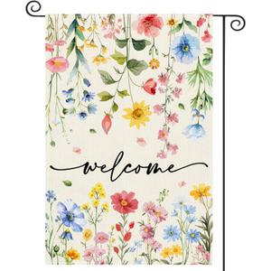 2 x Spring Welcome Floral Garden Flag, 12.5x18 Inch Double Sided Summer Flower Yard Flag, Outside Outdoor Seasonal Burlap Funny Flowers Flags Home Patio Decoration