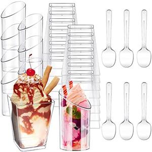 Funtery 300 Pack Mini Dessert Cups with Spoons Bulk Clear Plastic Slanted Round Parfait Appetizer Cup for Desserts Shooters (3oz, 5oz, Round, Square)