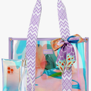 F-color Iridesent Beach Bag for Women, Beach Tote Sandproof Waterproof TPU, Holographic Pool Bag with Phone Pouch for Travel