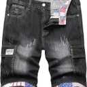 Baylvn Men's Casual Ripped Printed Denim Shorts Slim Fit Summer Beach Jeans Shorts (Black,42)