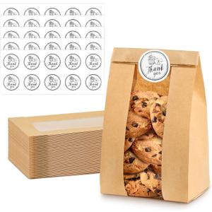 Ocmoiy 100Pcs Cookie Bags with Window, 3.5x2.3x7.5 Inch Kraft Paper Bakery Bags with Thank You Stickers for Snack, Popcorn, Coffee Bean, Party Favor, Cookie Packaging