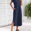 MISFAY Women's Summer Casual Maxi Dress 2025 Short Sleeves V Neck Loose Sundress Split Long Beach T Shirt Dress Vacation Outfits(Navy,2XL) (Blue, XXL)