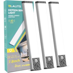 Under Cabinet Lighting, Equipped with Motion Sensor, Rechargeable Battery Operated3-Level Adjustable Brightness, 3 Pack Magnetic Under Counter Lights for Kitchen, Closet, Pantry, 7.8" (White Light)