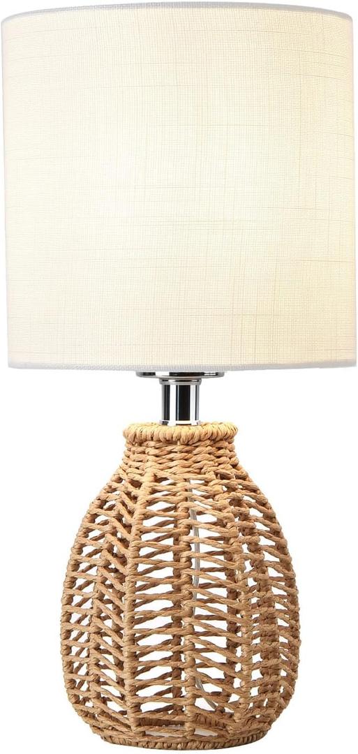 KUNJOULAM Rattan Table Lamp, Small Nightstand Lamp with Linen Fabric Lampshade, Desk Lamp Bedside Lamp for Living Room Home Office, Without Buld