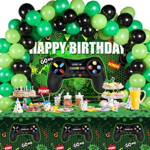 Video Game Birthday Party Decorations Set Gaming Happy Birthday Supplies Includes Video Game Backdrop, Table Covers, Balloons and Foil Gamer Balloons for Party(Green and Black)