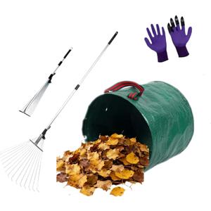 Garden Rake for Leaves with Telescoping Long Handle 33-63" & Adjustable Head 8-22" - Heavy Duty Metal Rake Kit with 16 Gallon Leaf Bag & Gloves, for Yard, Shrubs, Grass, Debris
