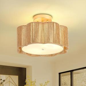 13 Inch Rattan Flush Mount Ceiling Light Fixtures 2-Light Boho Light Fixtures for Bedroom,Close to Ceiling Light Modern for Hallway Kitchen Entryway Dining Room