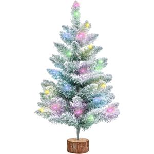 2FT Artificial Christmas Tree with Lights Green Tabletop Christmas Tree with Wooden Stand Lighted Battery Operated Snow Flocked Mini Xmas Pine Tree for Indoor Outdoor Holiday Home Decoration