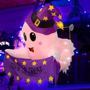 3.5FT Halloween Inflatable White Ghost Decoration with LED Lights for Outdoor, Blow up Ghost Holding a Trick or Treat Banner Broke Out from Window, Indoor Wall Hanging Inflatable Decor