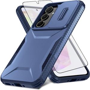 Asuwish Phone Case for Samsung Galaxy A35 5G with Tempered Glass Screen Protector and Slide Camera Cover Slim Rugged Hybrid Shockproof Protective Hard Cell Accessories A 35 35A A355G Women Men Blue