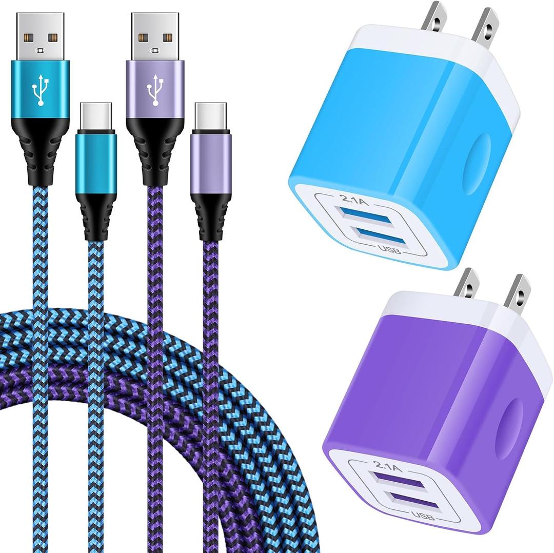 USB Type C Charger Plug Dual Port Fast Wall Charger Phone Charging Block with 2-Pack 6Ft C Cable for Samsung Galaxy S24 S23 S22 S21 S20 A14 A54 A13 A53 A23, iPhone 16 15, Google Pixel 9 8 7 6 Pro 7a 6a 5 (Blue+Purple)