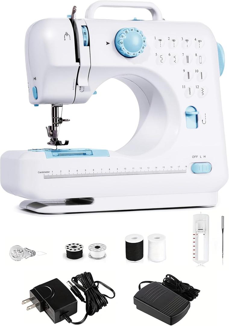 Portable Sewing Machine for Beginners, Mini Electric Sewing Machine with 12 Stitches 2 Speeds Foot Pedal, Dual Power Small Handheld Sewing Machine for Home Travel Easy to Use Blue Maquina de Coser