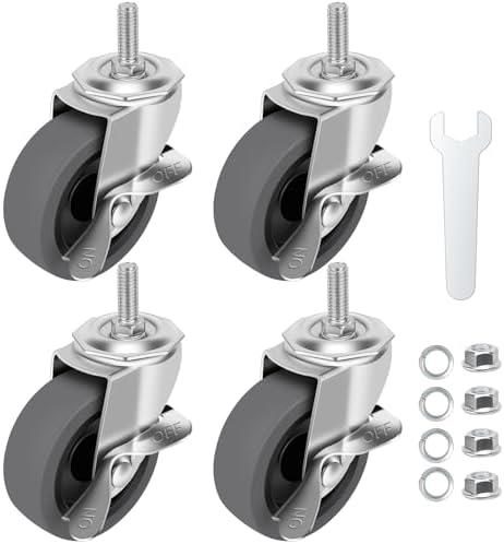 WHARSTM Caster Wheels, 3" Locking Swivel Stem Casters Set of 4, 3/8"-16 x 1 (Screw Diameter 3/8", Length 1") Rubber Casters with 360 Degree No Noise Wheels for Furniture