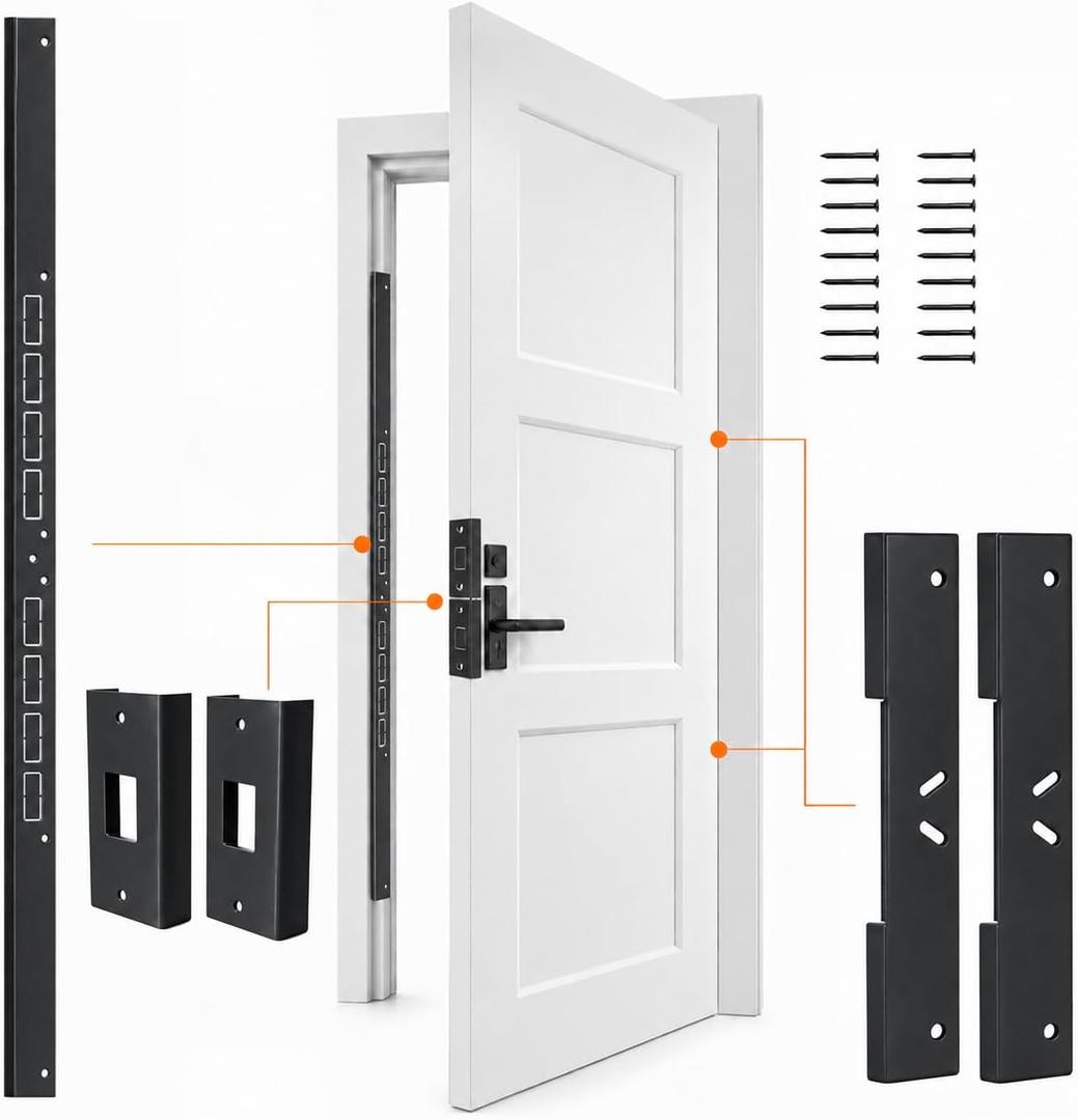 5-Piece Door Reinforcement Kit, 46" Steel Anti Kick-in Set, Black