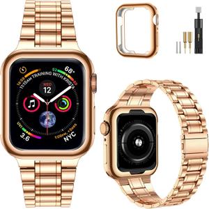 MioHHR Solid Stainless Steel Bands Compatible with Apple Watch 38mm 40mm 41mm, Metal Strap with Soft TPU Case for iWatch Bands Series 9 8 7 6 5 4 3 2 1 SE SE2 SE3 Women and Men, Rose/Gold