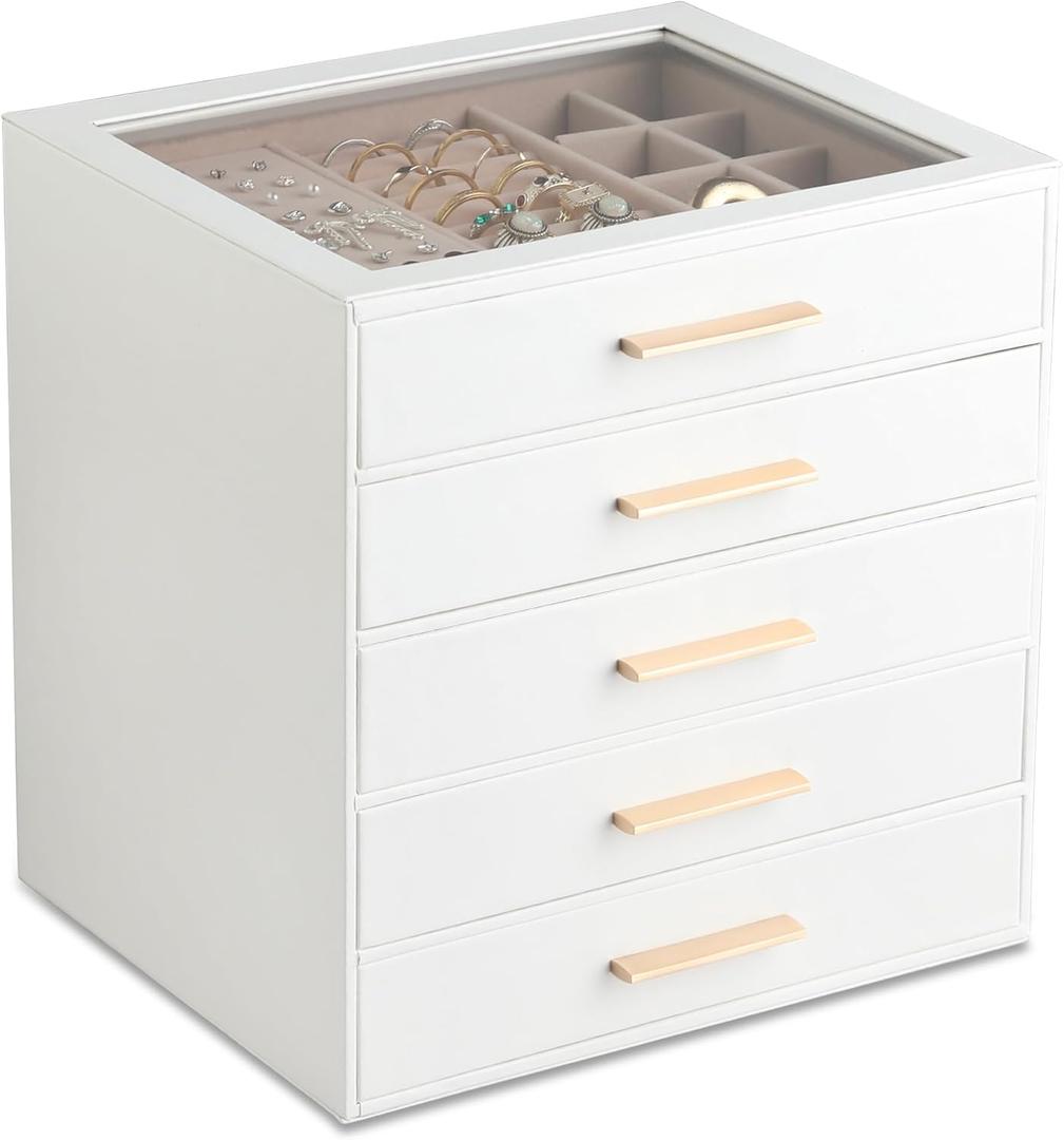 Frebeauty Clear Lid Jewelry Box,5-Layer Jewelry Organizer with Drawer,PU Leather Jewelry Organizers and Storage,Jewelry Boxes for Women,Jewelry Storage for Rings Earring Stud,Gift for Women(White)