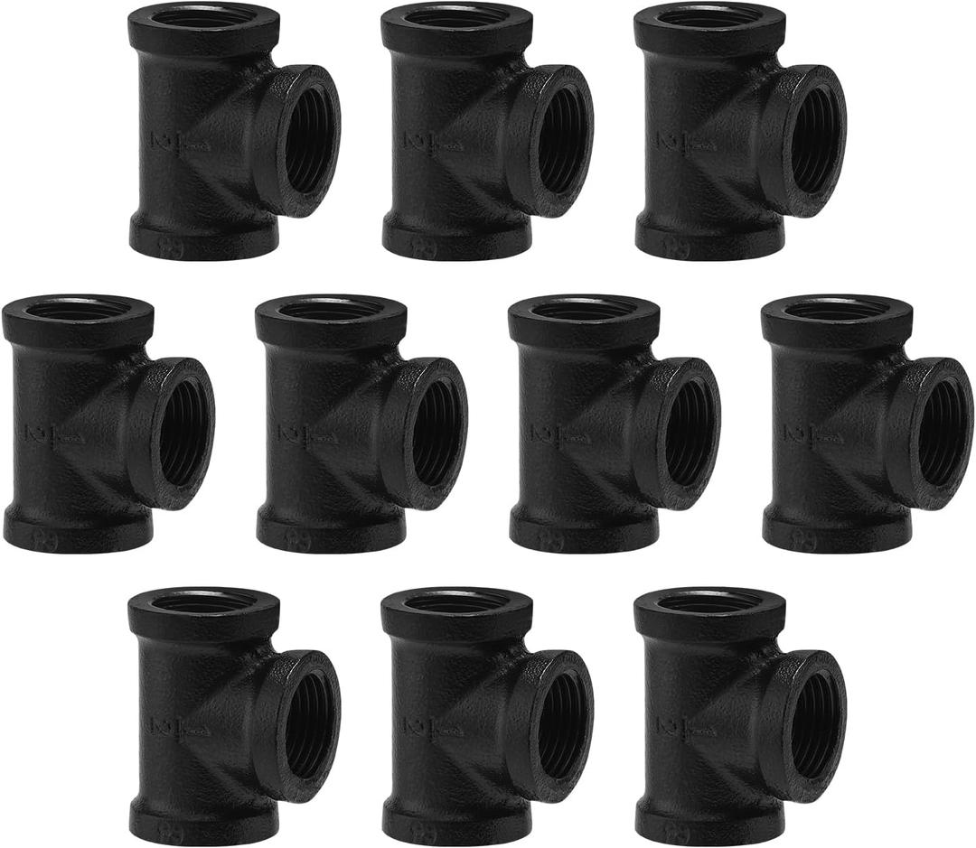 1/2" Black Threaded Tee, 10 Pack DN15 Junctions of metal for pipes Steampunk Vintage Shelf Bracket DIY Plumbing Pipe Decor Furniture (10, Black 1/2 Inch)