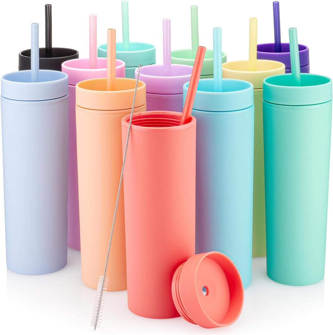 STRATA CUPS Multicolor Skinny Tumblers with Lids and Straws (12 pack) - 16oz Double Wall Acrylic Tumbler, Tall Matte Skinny Tumblers, Bulk with Free Straw Cleaner, Reusable Cups