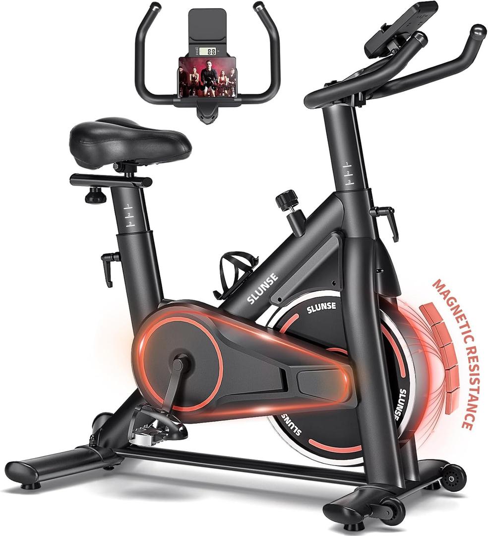SLUNSE Exercise Bike, Brake Pad Stationary Bike with Exclusive App, Low Noise Indoor Cycling Bike with 300lbs Weight Capacity, Tablet Mount and Fitness Courses for Weight Loss