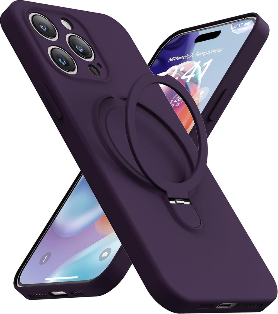 Magnetic Stand for iPhone 13 Pro, Liquid Silicone, [Compatible with MagSafe][Built-in Kickstand&Ring Holder] Anti-Scratch Soft Microfiber Lining, Deep Purple