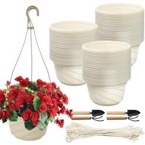 LECEHIVO 55 Pcs Plastic Hanging Planter Set with 2 Sets Potting Tools, Indoor Outdoor Flower Containers with Hooks, Round Hanging Pots for Plants, Balcony and Garden Decor