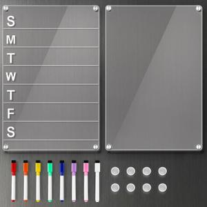 2 Pack 12''*8'' Acrylic Magnetic Planning Board Set, Clear Weekly Meal Planner with Whiteboard Memo, Menu Board for Kitchen with 8 Color Markers, Dry Erase Board for Shopping Grocery List/to Do List