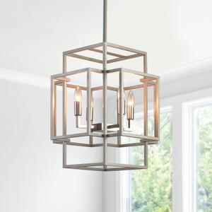 16.5" Farmhouse Chandelier, 4-Light Silver Lantern Pendant Light Fixture, Modern Foyer Lighting Fixtures, Large Chandeliers for High Ceilings, Industrial Pendant Lights for Dining Room, Entryway