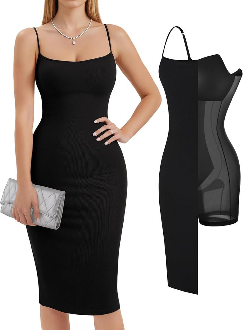 Popilush Womens Summer Shapewear Dress - Bodycon Cocktail Graduation Party Midi Dresses with Built-in Bra (Large, Black)